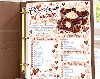 Chocolate Ganache Cupcakes with Cream Filling Printable Recipe Card | Illustrated Kitchen Binder Page | Gift for Bakers PDF