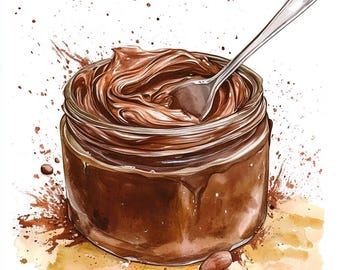 May include: A glass jar filled with rich, brown chocolate spread. A silver spoon is partially submerged in the spread, with a few chocolate crumbs scattered around the jar.