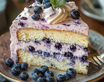 Puede incluir: Una porción de pastel de arándanos con glaseado blanco y arándanos frescos en la parte superior. El pastel está en capas con relleno de arándanos y tiene una base de pastel amarillo claro.