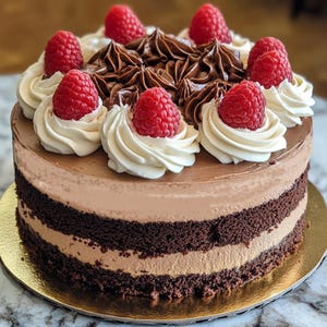Op de afbeelding: Een meerlaags chocoladetaart met chocolade glazuur en frambozen erop. De taart staat op een gouden taartplateau.