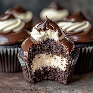 May include: A close-up of a chocolate cupcake with a white frosting centre and a chocolate ganache topping. The cupcake is partially eaten, revealing the white frosting inside. There are other cupcakes in the background.