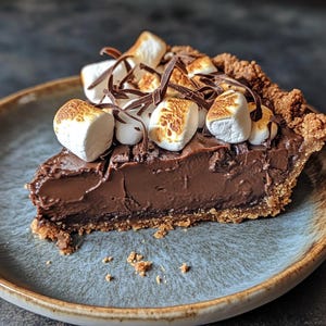 Puede incluir: Una porción de pastel de chocolate cubierto con malvaviscos tostados y virutas de chocolate en un plato azul.