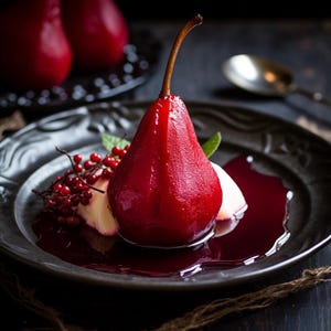 May include: A red pear poached in a red wine sauce, served with a dollop of whipped cream and red berries on a black plate.