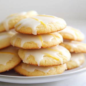 Puede incluir: Una pila de galletas de limón con glaseado blanco y ralladura de limón en un plato blanco.