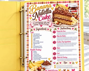 Moist Banana Nutella Layer Cake Printable Recipe Card | Illustrated Kitchen Binder Page | Gift for Bakers PDF