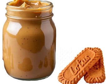 May include: A glass jar filled with creamy peanut butter and two brown rectangular Lotus biscuits.