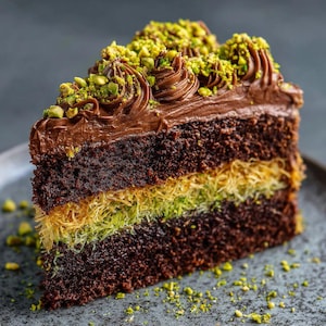 Op de afbeelding: Een stukje gelaagde cake met chocolade glazuur en gehakte pistachenoten. De cake heeft een donkerbruine basis, een geelgroene middenlaag en wordt geserveerd op een grijze plaat. De glazuur is gedraaid en gegarneerd met groene pistachenoten.