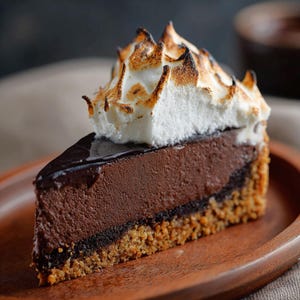 Puede incluir: Una porción de pastel de chocolate con base de galleta, un rico relleno de mousse de chocolate y una cobertura de ganache de chocolate negro. El pastel está cubierto con merengue tostado, servido en un plato de madera.