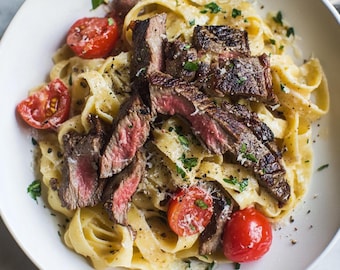 Steak & Creamy Tomato Pappardelle Pasta Recipe, Digital Download