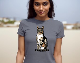 May include: A charcoal grey t-shirt featuring a graphic of a tabby cat sitting with its tail curled around its paws.