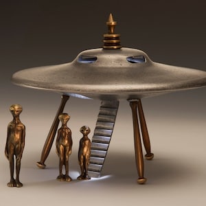 Flying Saucer, Cast Bronze and Aluminum With Alien Figures - Item #922