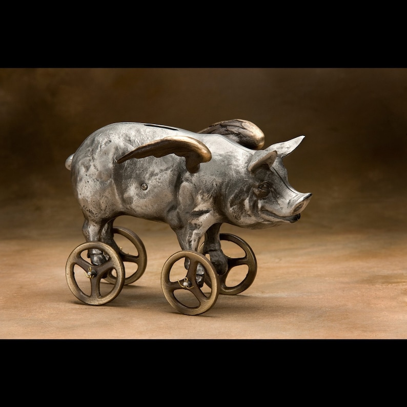 Flying Pig Coin Bank Item 918, Cast Aluminum with Bronze Wheels image 2