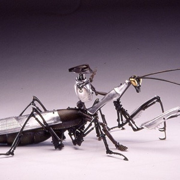 Mantis of Prey, Large (60") Robotic Sculpture in aluminum and bronze