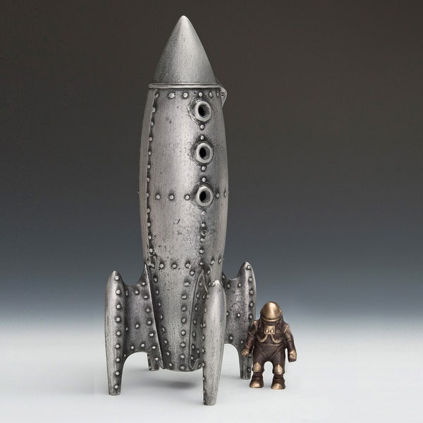 Moon Rocket Coin Bank with One Spaceman - Item #924, Cast Aluminum and Bronze