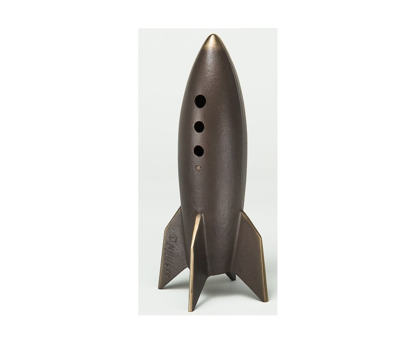 One Rocket Coin Bank With PORTHOLES Item 813, in Sand Cast Bronze for Your Table or Desk image 1