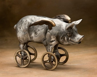 Flying Pig Coin Bank - Item #918, Cast Aluminum with Bronze Wheels