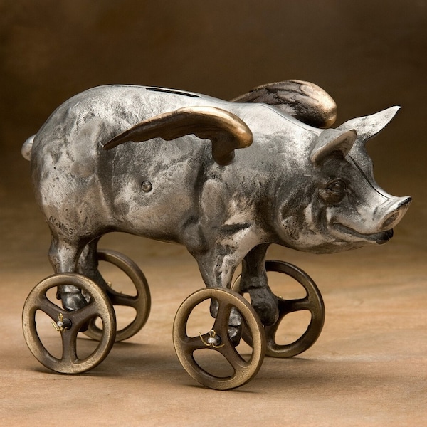 Flying Pig Coin Bank - Item #918, Cast Aluminum with Bronze Wheels