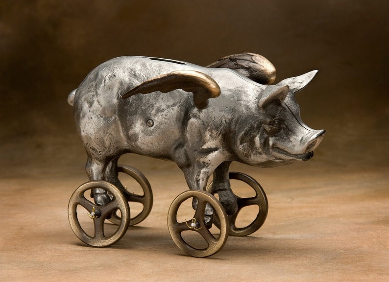 Flying Pig Coin Bank Item 918, Cast Aluminum with Bronze Wheels image 1