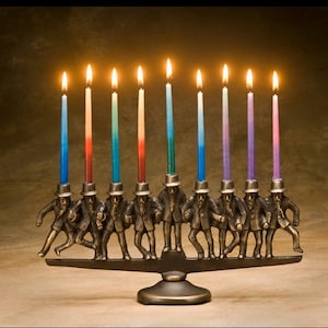 Dancing Rabbi Menorah Item #823, 9 candle, in solid bronze