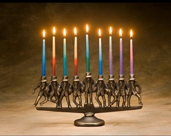 Dancing Rabbi Menorah Item #823, 9 candle, in solid bronze