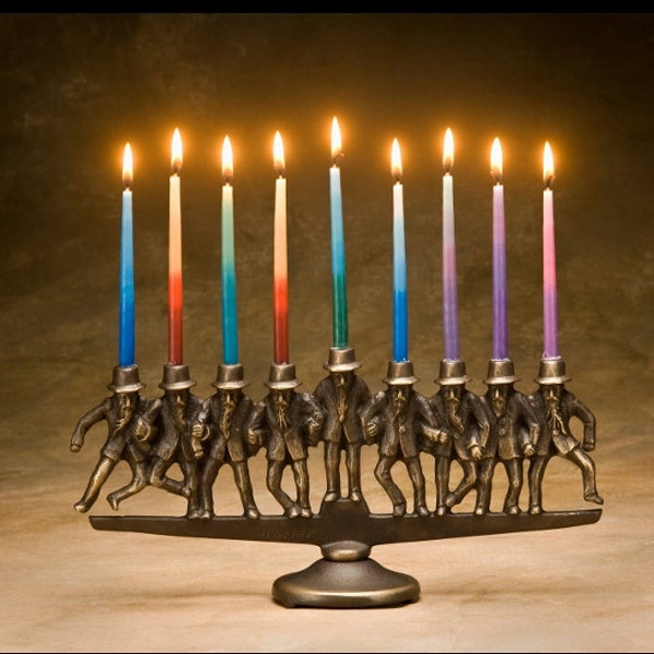 Dancing Rabbi Menorah Item #823, 9 candle, in solid bronze