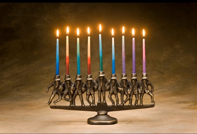 Dancing Rabbi Menorah Item 823, 9 candle, in solid bronze image 1