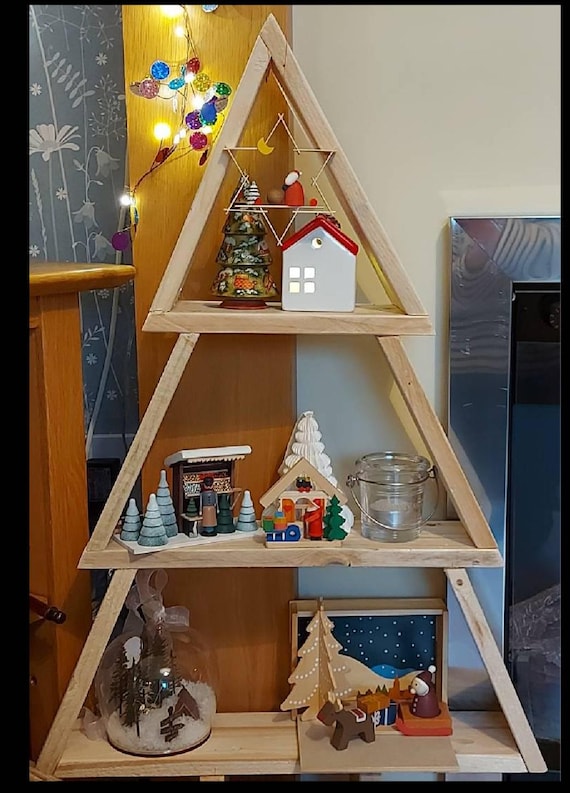 rustic reclaimed wood Christmas tree with 3 shelves