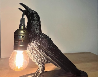 Handmade Gothic Raven Lamp – Witchy Home Decor, Crow Table Light
