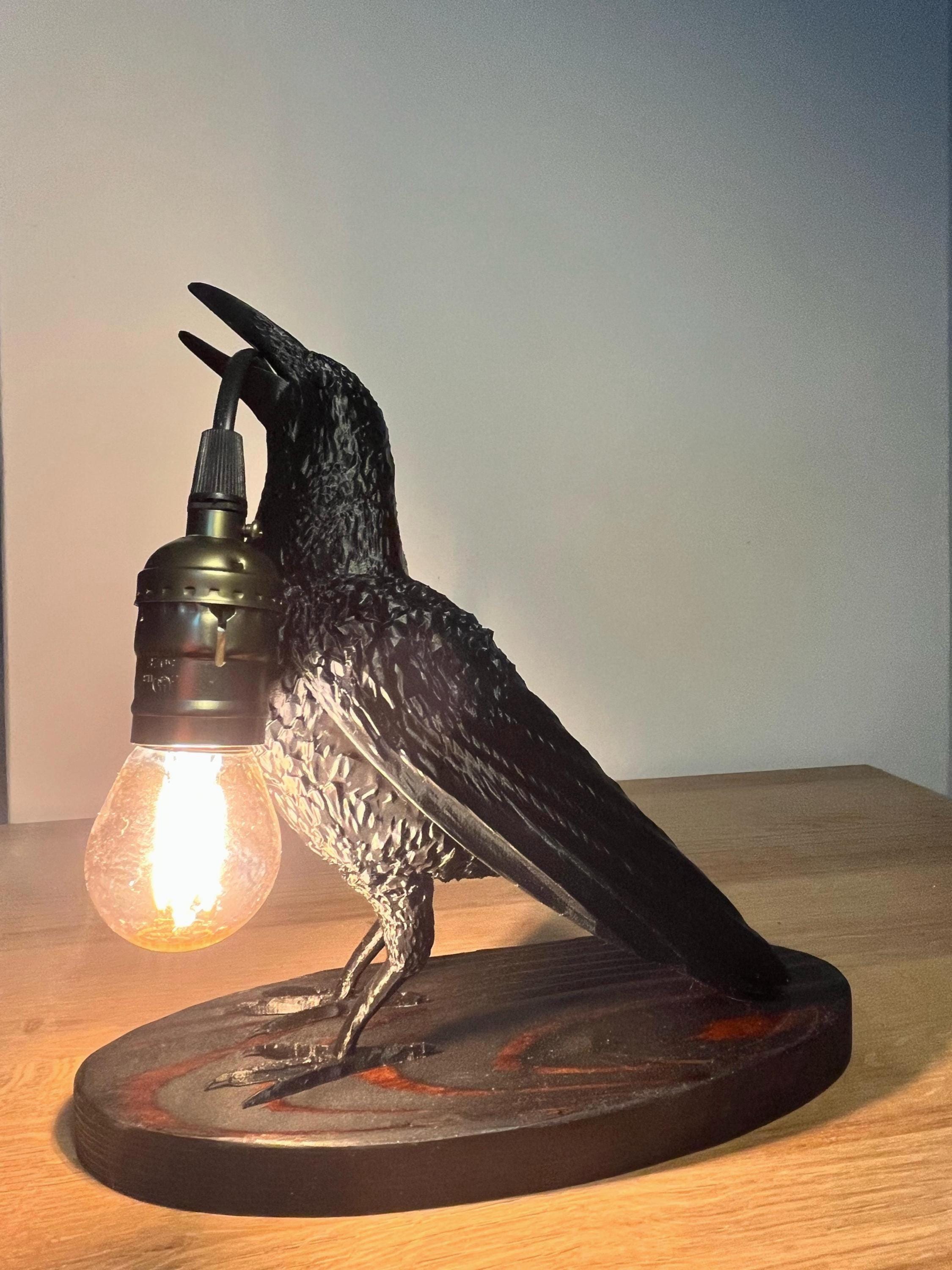 Handmade Gothic Raven Lamp – Witchy Home Decor, Crow Table Light