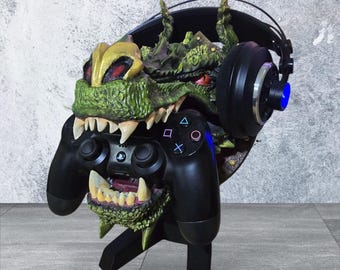 Handgeschilderde drakenstandaard voor headset en controller: fantasie gamerdecor