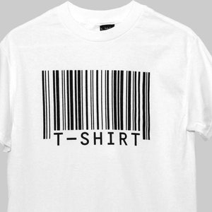 May include: White t-shirt with a black barcode graphic and the text "T-SHIRT" underneath.