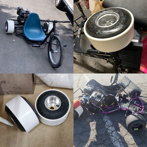 May include: Three different types of motorized go-karts. The first is a blue and black go-kart with a single front wheel and two rear wheels. The second is a black go-kart with a white rimmed tire. The third is a black and purple go-kart with a black and white rimmed tire.