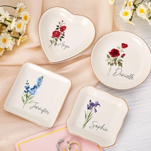 Personalisierte Geburt Blume Trinket Dish, Aquarell Blumen Ring Dish, Geburtstag Schmuck Schale Geschenk für Freund, Hochzeit Brautjungfer Geschenke