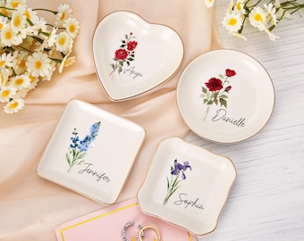 Plato de baratijas con flor de nacimiento personalizada, plato de anillo con flor de acuarela, plato de joyería de cumpleaños, regalo para amiga, regalos de dama de honor de boda
