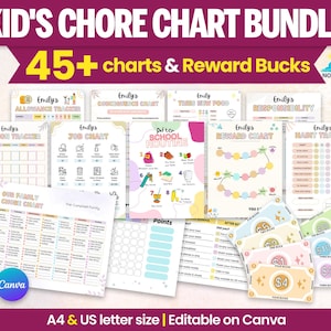 Può includere: Un pacchetto di grafici delle faccende domestiche stampabili e buoni ricompensa per bambini. I grafici includono tracker delle indennità, tracker delle emozioni e grafici delle responsabilità. Il pacchetto include oltre 45 grafici e buoni ricompensa. Il testo sull'immagine dice "Kid's Chore Chart Bundle".