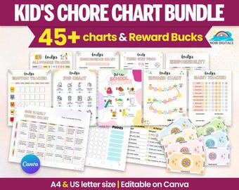 Editable Chore Chart Bundle for Kids Home cleaning schedule Weekly Monthly Yearly Cleaning Checklist Declutter Family Chore Chart