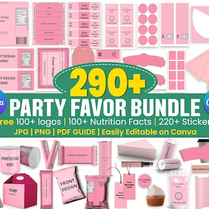 Party Favor Templates Bundle Party Favours Chip Bag Water Bottle labels Shoe Box template Canva Editable Party favors Label Templates