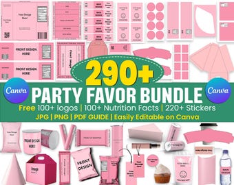 Pacchetto di modelli per bomboniere Bomboniere Sacchetti di patatine Etichette per bottiglie d'acqua Modello per scatola da scarpe Modelli di etichette modificabili per bomboniere Canva