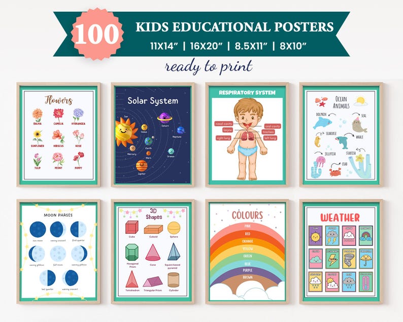 Educational Posters 100 Homeschool Prints Montessori Classroom Decor Toddler Playroom Neutral Kids Nursery Boho Playroom Wall Art Print