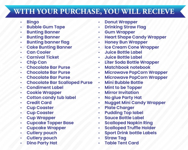 Pu&ograve; includere: Un elenco di articoli inclusi con un acquisto, visualizzato su sfondo bianco con un banner blu. Gli articoli includono involucri, etichette e accessori per feste come un involucro per ciambelle, una mini bottiglia di bolle e un biglietto da tavolo.