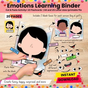 May include: An Emotions Learning Binder with cut-and-paste activities. The image shows a blank face with cut-out facial expressions, including happy, sad, and angry. The text says, "Create funny, happy, surprised, and more." The product is an instant download.