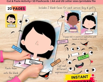 Activité émotionnelle pour les tout-petits : tableau Montessori des sentiments, activité couper-coller (PDF, téléchargement numérique)