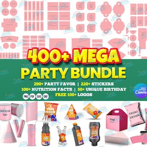 May include: A digital party bundle graphic with the text "400+ MEGA PARTY BUNDLE". The image includes various party favor templates, stickers, nutrition facts, and birthday-themed designs. The bundle offers over 290 party favors, 220 stickers, and 100+ logos.