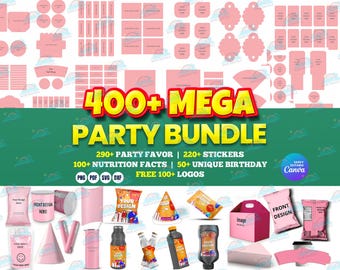 Puede incluir: Imagen de un paquete de fiesta digital con el texto "400+ MEGA PARTY BUNDLE". La imagen incluye varias plantillas de recuerdos de fiesta, pegatinas, información nutricional y diseños temáticos de cumpleaños. El paquete ofrece más de 290 recuerdos de fiesta, 220 pegatinas y más de 100 logotipos.