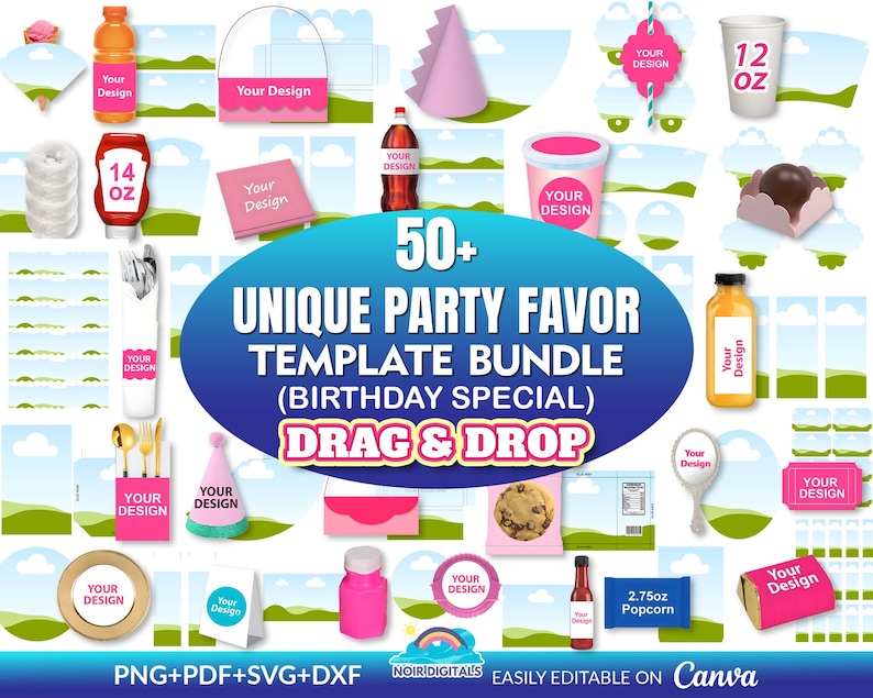 Pu&ograve; includere: Un pacchetto di modelli digitali con oltre 50 design unici per bomboniere. Include vari modelli per feste di compleanno, come etichette per bevande, confezioni alimentari e accessori per feste. Il testo recita "50+ UNIQUE PARTY FAVOR TEMPLATE BUNDLE (BIRTHDAY SPECIAL) DRAG & DROP".
