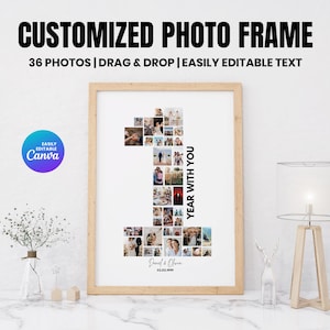 Puede incluir: Un collage de fotos enmarcado en madera con el texto "CUSTOMIZED PHOTO FRAME" en la parte superior. El collage tiene la forma del número uno, lleno de 36 fotos. El texto "YEAR WITH YOU" está en el lado derecho. El texto "Daniel & Olivia 02.02.1999" está en la parte inferior.