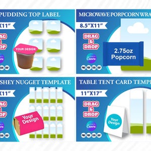 Pu&ograve; includere: Sono mostrati quattro modelli di design: un'etichetta superiore per budino, un involucro per popcorn per microonde, un modello di pepita Hershey e un modello di biglietto da tavolo. Ogni modello ha una funzione "Trascina e rilascia" ed &egrave; compatibile con Canva. L'etichetta del budino ha una parte superiore rosa e il modello di pepita Hershey ha un involucro rosa.