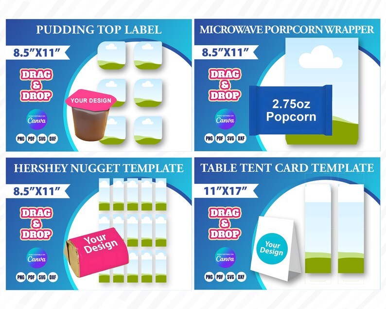 Pu&ograve; includere: Sono mostrati quattro modelli di design: un'etichetta superiore per budino, un involucro per popcorn per microonde, un modello di pepita Hershey e un modello di biglietto da tavolo. Ogni modello ha una funzione "Trascina e rilascia" ed &egrave; compatibile con Canva. L'etichetta del budino ha una parte superiore rosa e il modello di pepita Hershey ha un involucro rosa.