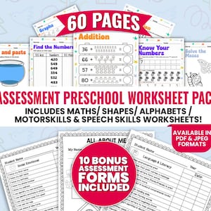 Preschool worksheet 60+ pages Summer Back to school Assessment Worksheets Printable homeschool Tutoring curriculum pre k assessment forms
