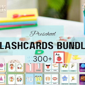 May include: A colorful image with the text "Preschool FLASHCARDS BUNDLE 300+" and a variety of flashcards featuring images of letters, numbers, shapes, body parts, and plants.